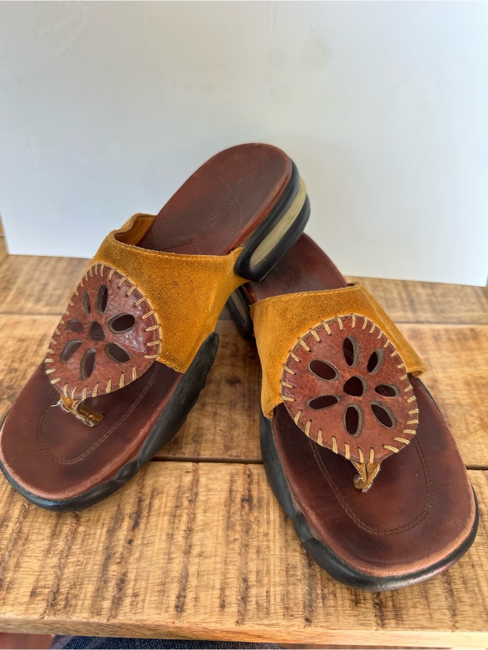Cole Haan Women’s Suede & Brown Leather Toe-Post Sandals with Cut Out Details